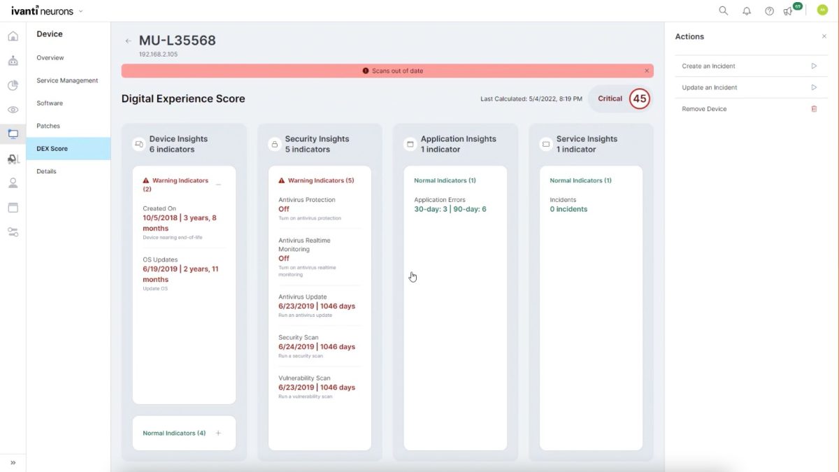 Captura incidencias software Ivanti Neurons for Digital Experience (DEX)