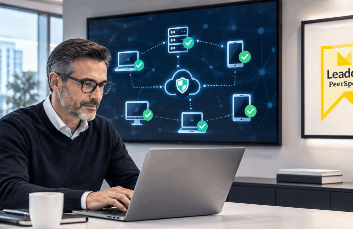 Profesional gestionando dispositivos empresariales junto a la distinción de Ivanti como Leader en PeerSpot